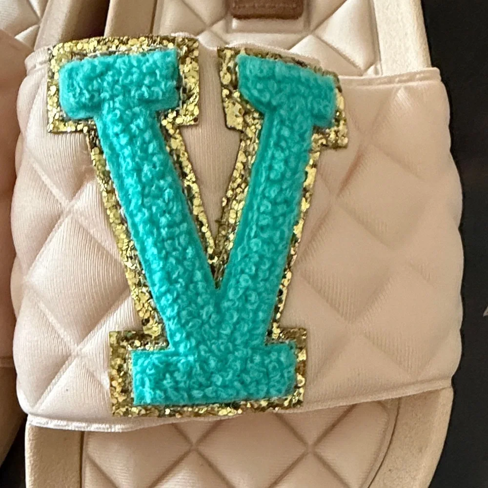 Judith March Beige Slide Sandals with Turquoise Letter Appliqués